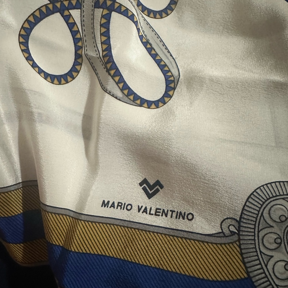 Mario Valentino White Scarf with Blue and Gold Patterns